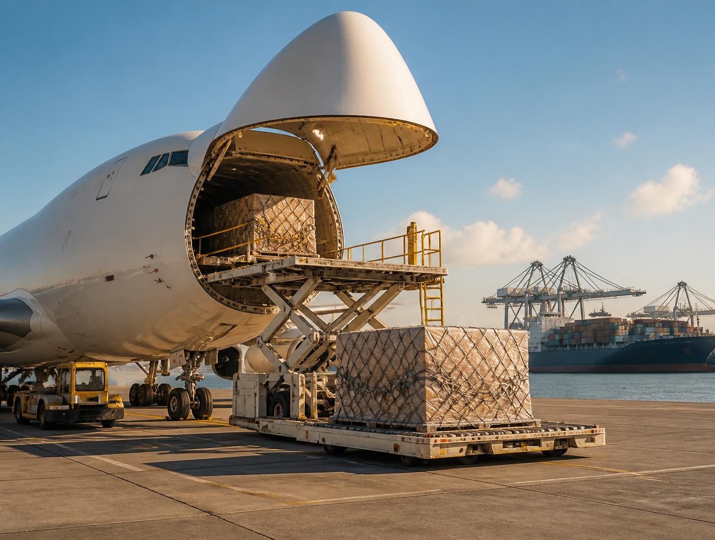 Freight aircraft being loaded with a container ship at the harbour behind