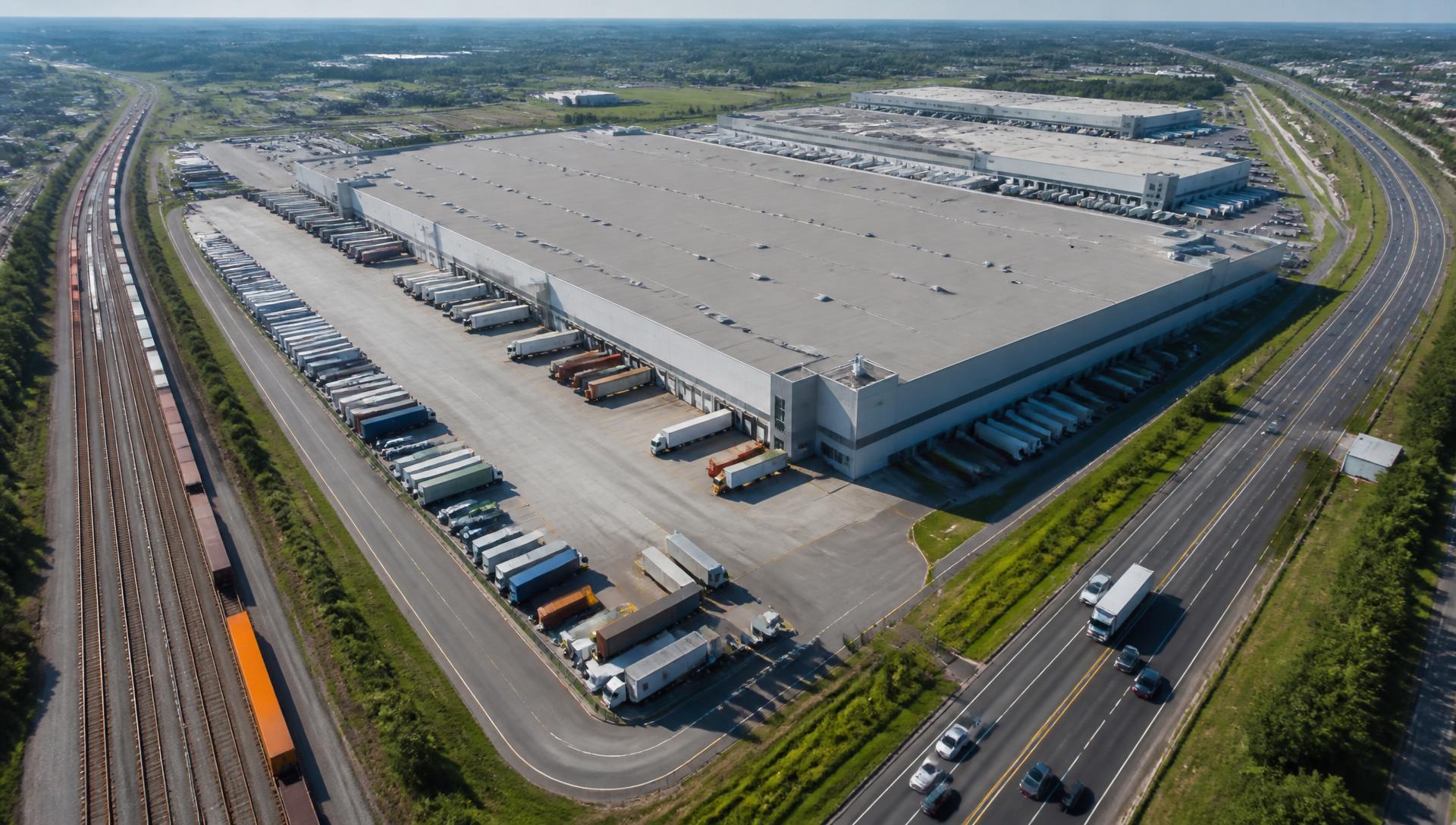 Aerial view of a logistics hub connected to highways and rail