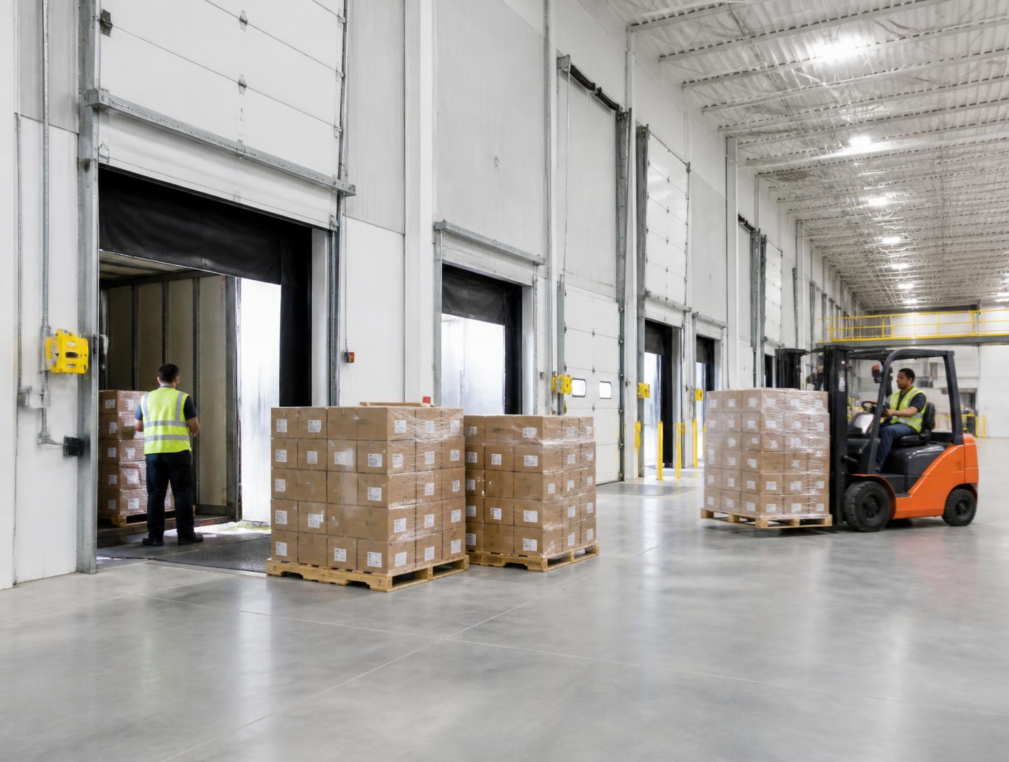 Cross-dock facility with pallets staged between inbound and outbound doors